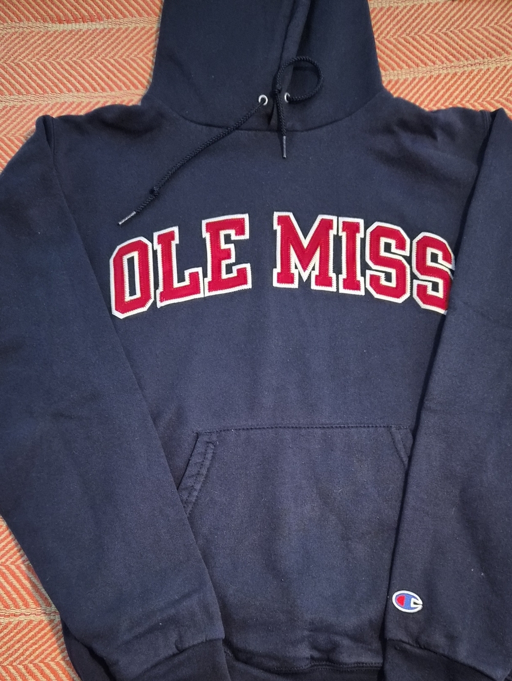 Women's Champion Navy Crewneck Hoodie with Red Ole Miss Applique